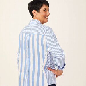 Chico’s Blue & White Striped Button-Back Blouse Women’s 3/4 Sleeve Collared Top